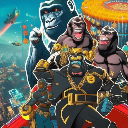 An image capturing the chaos and excitement of the crypto world as ApeMax, a powerful and futuristic ape, emerges amidst a vibrant backdrop of exploding digital currencies, with investors and traders in awe