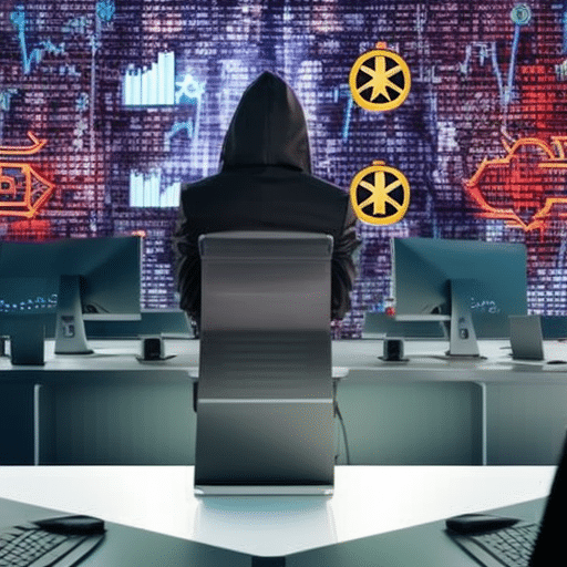 An image featuring a hacker in a dark hoodie, sitting in front of multiple computer screens with flashing dollar signs and cryptocurrency symbols