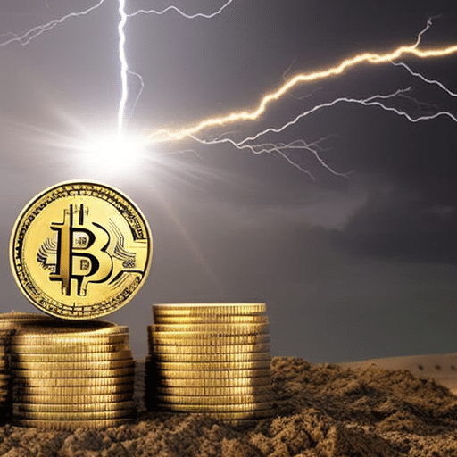N Bitcoin overshadowing a group of credit cards on a battlefield, lightning clashing above, symbolizing tension and competition for dominance