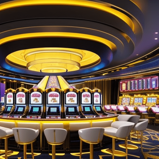 An image showcasing a vibrant, futuristic casino landscape, with sleek and modern architecture, where digital Bitcoins flow seamlessly between slot machines, poker tables, and roulette wheels, representing the dominance of Bitcoin casinos in the gaming world