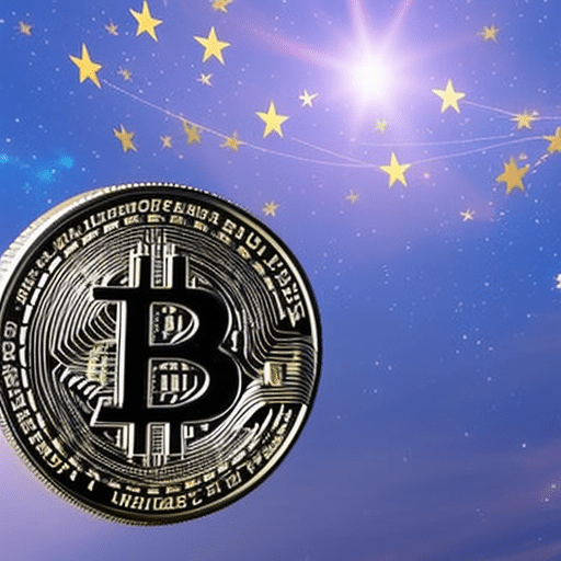 An image showcasing a Bitcoin ETF token soaring through a vibrant, star-filled sky