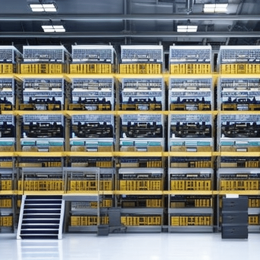An image that portrays a bustling Bitcoin mining farm, with rows of powerful computers humming as they crunch complex algorithms, surrounded by a backdrop of legal documents and court statues