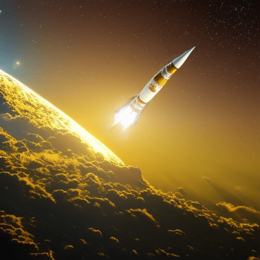 An image depicting a vibrant digital landscape with a rocket soaring through a starlit sky, symbolizing the anticipated meteoric rise in Bitcoin's price