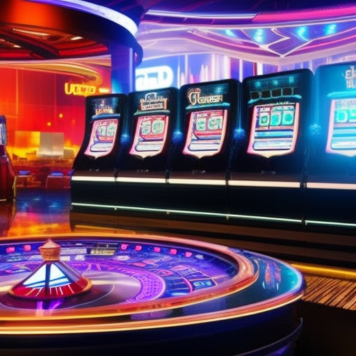 An image featuring a futuristic online casino with sleek, transparent screens displaying vibrant Bitcoin logos