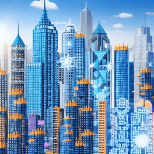 An image depicting a vibrant digital cityscape, with towering skyscrapers made of blockchain codes, bustling with people, and news ticker boards flashing cryptocurrency icons and headlines, capturing the essence of the ultimate cryptocurrency news roundup