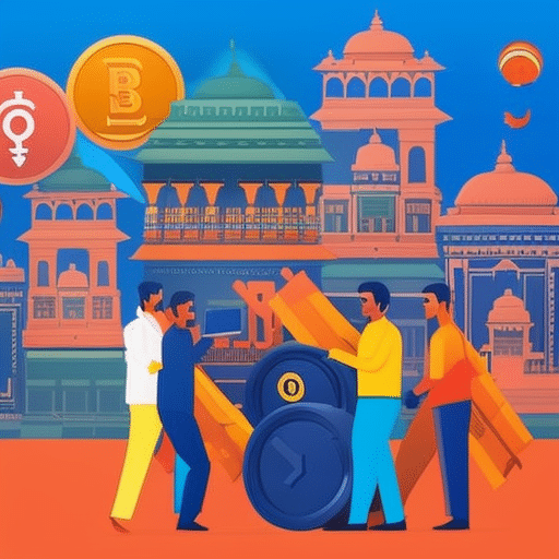 An image showcasing a vibrant Indian marketplace, with a prominent Coinbase logo