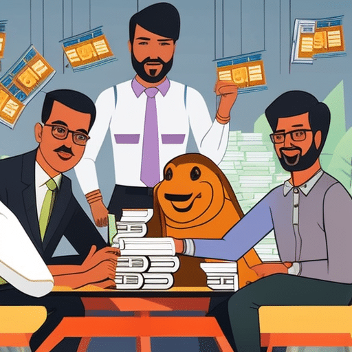 An image showcasing a diverse group of Indian cryptocurrency investors, sitting around a table, discussing tax strategies