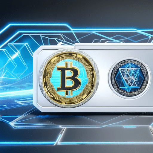 A sleek, futuristic wallet spilling out various stylized, holographic cryptocurrency cards with embedded chips, surrounded by digital encryption symbols and blockchain links against a high-tech, abstract background