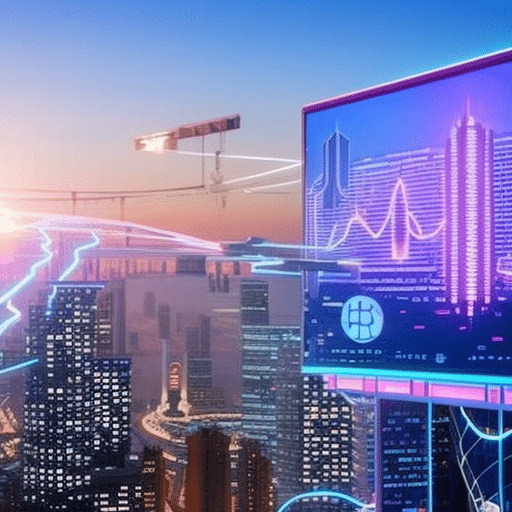 An image featuring a futuristic cityscape at dusk, adorned with towering holographic billboards displaying various cryptocurrency logos