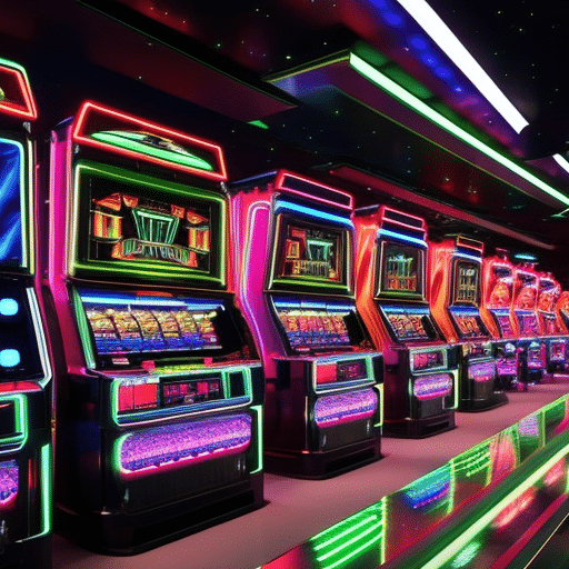 An image showcasing a sleek, futuristic casino environment with vibrant neon lights illuminating rows of high-tech slot machines and elegant card tables, symbolizing the thrilling world of crypto gambling and celebrating the ultimate winners