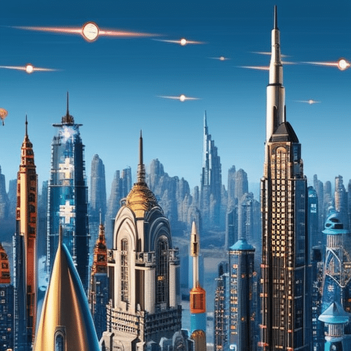 An image depicting a vibrant cityscape adorned with towering skyscrapers, each one representing a major cryptocurrency