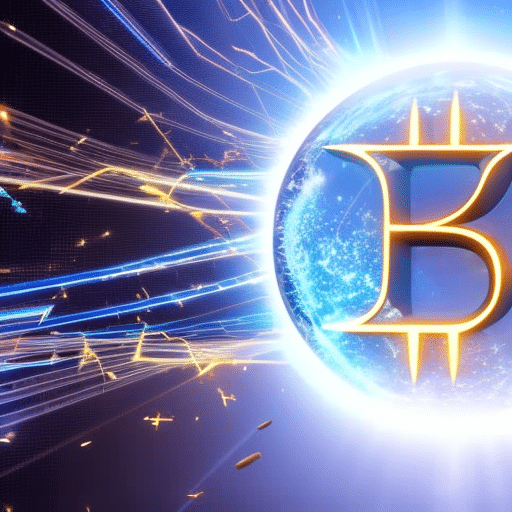 Ze two massive, shimmering digital currency symbols colliding amidst a volatile storm of binary code and electric sparks, symbolizing a dramatic pre-crash confrontation of crypto giants