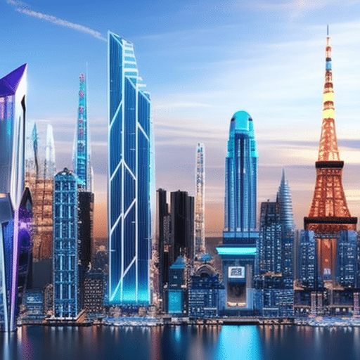 An image featuring a futuristic cityscape dominated by towering skyscrapers adorned with vibrant digital billboards