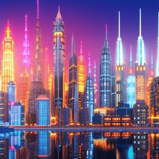 An image showcasing a vibrant, futuristic city skyline, with towering buildings adorned with flashing neon lights of Bitcoin, Ethereum, and other top cryptocurrencies, symbolizing their explosive growth and dominance in the crypto market