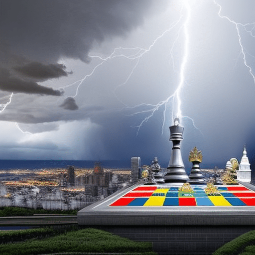 A digital art piece featuring a chessboard with traditional pieces replaced by cryptocurrency symbols and government buildings, amidst a backdrop of stormy skies and lightning