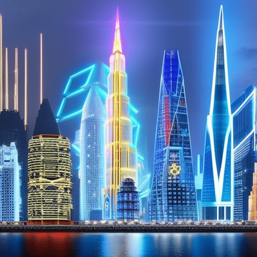An image showcasing a bustling metropolis illuminated by neon lights, with towering skyscrapers featuring holographic projections of Bitcoin, Ethereum, and other cryptocurrencies, symbolizing the transformative and explosive predictions for the crypto revolution in 2023