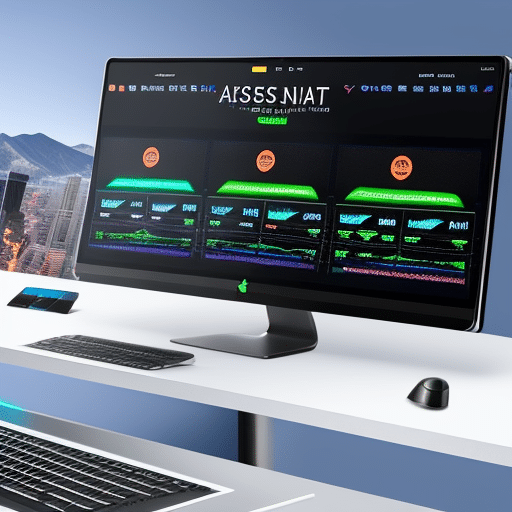 An image showcasing a sleek, modern desktop with multiple screens displaying live cryptocurrency charts, trading indicators, and analysis tools