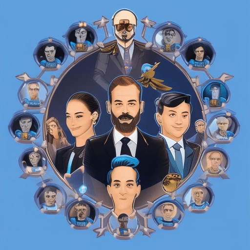 An image featuring caricature avatars of famous crypto influencers surrounded by Twitter birds, blockchain icons, and a glowing, digital globe representing global connectivity