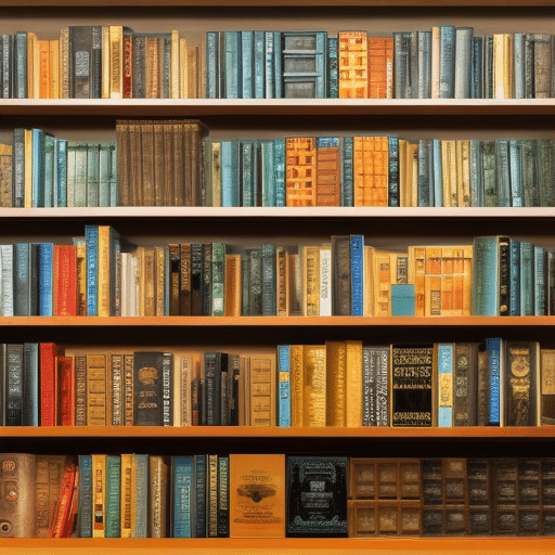 An image of a bookshelf filled with titles like "Mastering Bitcoin," "The Internet of Money," and "Bitcoin Billionaires," showcasing a variety of engaging covers and colorful spines