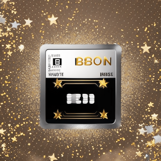 An image of a sleek, metallic Bitcoin debit card with a trophy emblem, surrounded by confetti and a digital currency symbol glow, indicating prestige and victory
