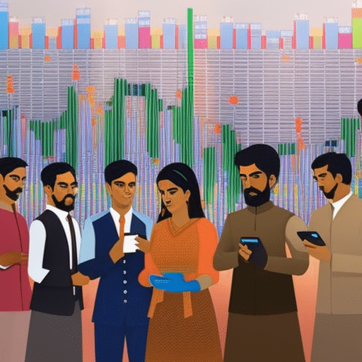 A striking image showcasing a diverse group of Indian traders engrossed in their smartphones, surrounded by vibrant digital graphs and charts, symbolizing the revolutionary impact of crypto trading apps on India's financial landscape