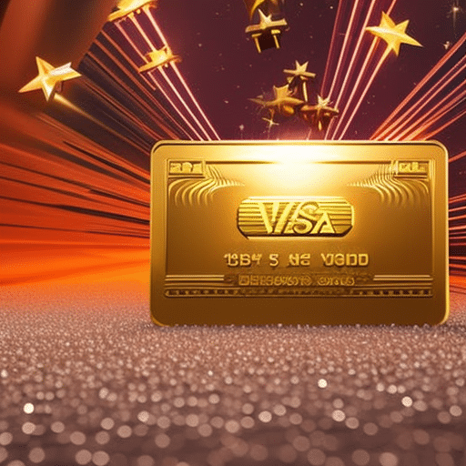 E an image of a gleaming Visa card with crypto symbols, surrounded by gift boxes and airplane tickets, all emitting a golden glow of exclusivity and privilege