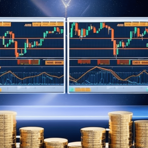 An image showcasing a dynamic trading scene with multiple computer screens displaying real-time cryptocurrency charts, surrounded by stacks of gold coins and a burning candle symbolizing high-yield opportunities in crypto day trading