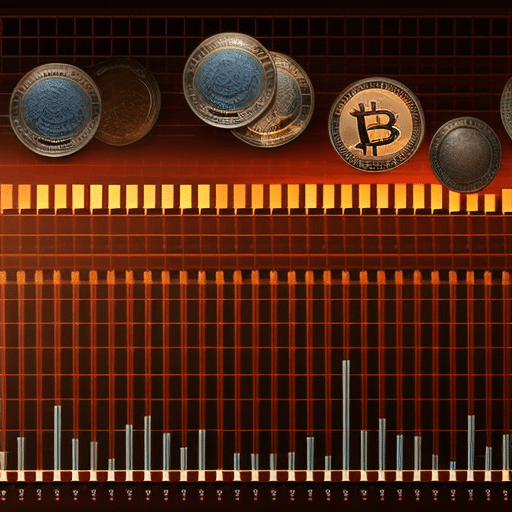 An image of a dynamic bar chart with fiery crypto coins soaring upward, reshuffling positions, against a digital world map backdrop