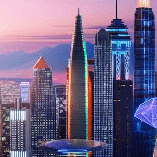 An image showcasing a futuristic cityscape at sunset, with holographic charts and graphs floating above buildings, symbolizing the potential of hot cryptocurrencies in 2023