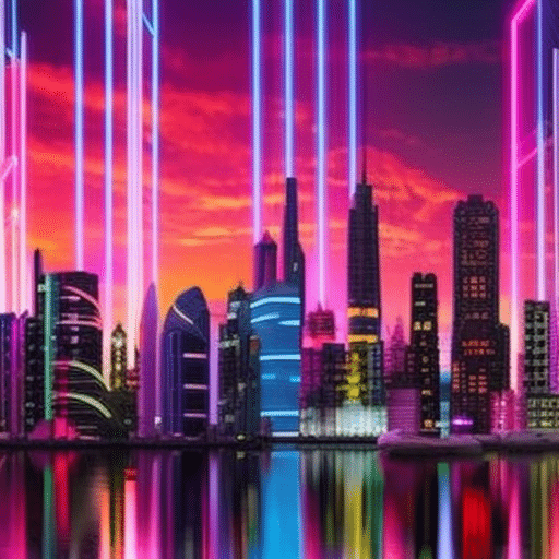An image showcasing a futuristic cityscape at dusk, with vibrant neon lights illuminating towering skyscrapers