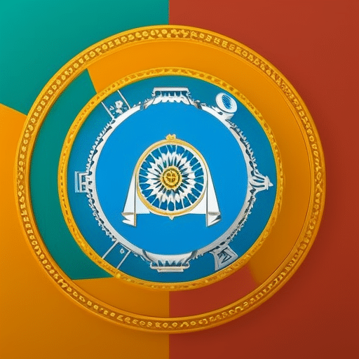 An image showcasing the Indian tricolor flag beautifully entwined with a golden blockchain symbol, while diverse hands unite to form a circle, representing global collaboration, against a backdrop of iconic Indian landmarks