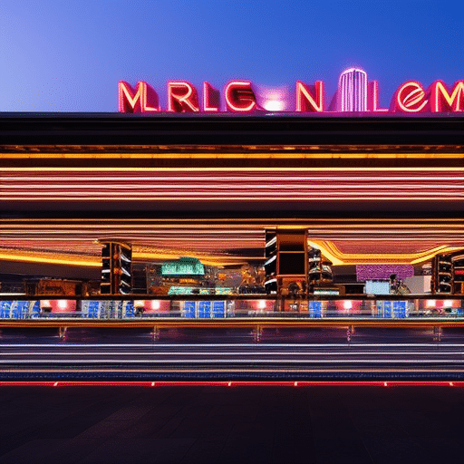 An image showcasing a futuristic casino landscape, with sleek, bitcoin-themed architecture, neon lights illuminating the night sky, and a bustling crowd immersed in cutting-edge technology and excitement