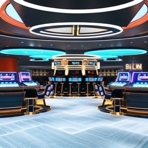 An image showcasing a futuristic, high-tech casino environment with sleek, transparent gaming tables, holographic slot machines, and people immersed in the thrilling world of Bitcoin gambling