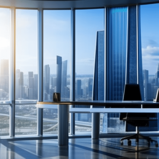 An image showcasing a futuristic office with a panoramic view of a city skyline