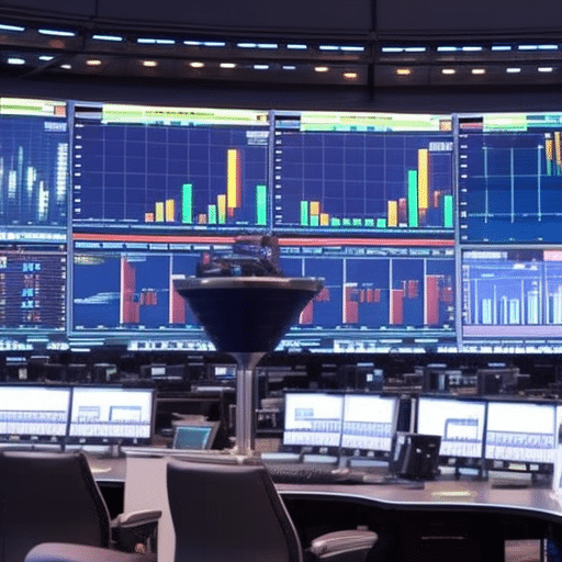 An image showcasing a bustling trading floor, with traders glued to multiple computer screens displaying real-time data charts, while futuristic holographic graphs and statistics hover in the air around them
