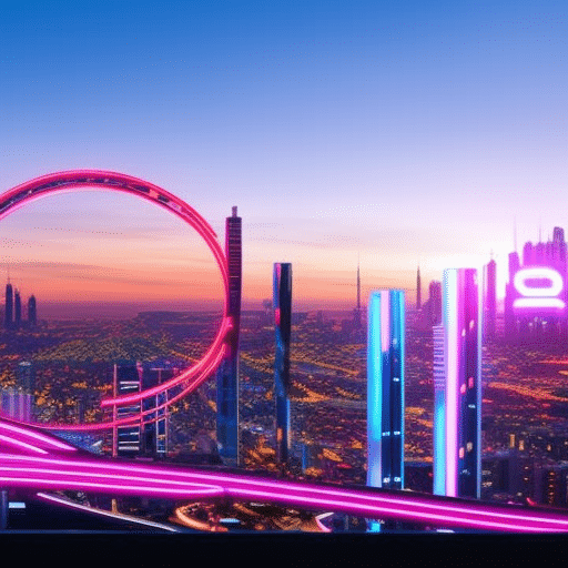 An image featuring a dynamic, futuristic cityscape at dusk, with a glowing neon sign showcasing "Swapin