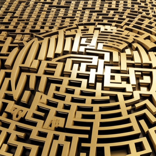 Ze a golden Bitcoin symbol entangled in a complex maze of IRS tax forms, with a calculator and a magnifying glass nearby, all on a sleek, reflective surface
