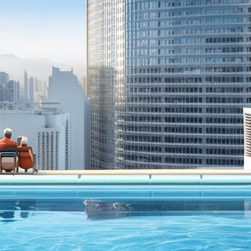 An image showcasing a serene elderly couple enjoying their retirement by a pool, surrounded by a futuristic cityscape