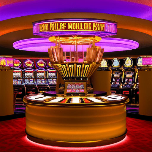 An image showcasing a vibrant casino floor with sleek Bitcoin slot machines, roulette wheels spinning, and poker tables buzzing with excitement
