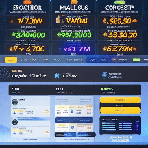 An image showcasing a bustling digital marketplace, filled with vibrant charts, graphs, and real-time crypto transactions