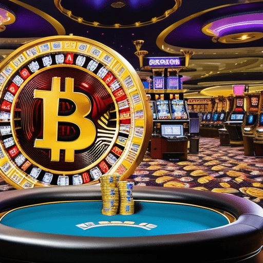 An image showcasing a vibrant casino floor with flashing slot machines, roulette wheels, and poker tables, all adorned with Bitcoin logos