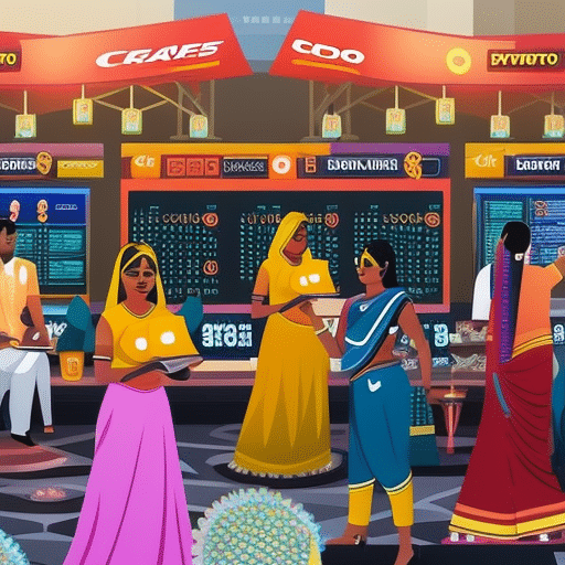 An image showcasing a vibrant Indian marketplace with digital currency logos on stalls, traders conducting transactions, and customers exploring various crypto exchanges on their smartphones