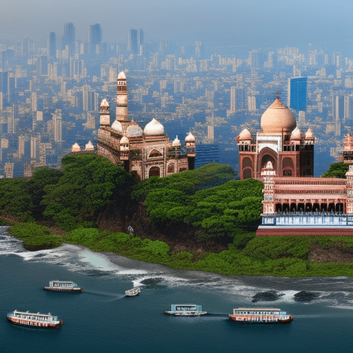 An image showcasing the bustling metropolis of Mumbai, with a backdrop of the iconic Taj Mahal Palace