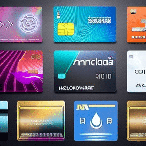 array of futuristic credit cards floating above a digital landscape, with holographic crypto symbols and November-themed decals like autumn leaves subtly integrated into their designs