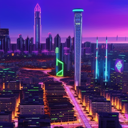 An image showcasing a futuristic city skyline at dusk, with vibrant neon lights illuminating buildings, symbolizing the potential profitability of top crypto signal Telegram groups in 2023