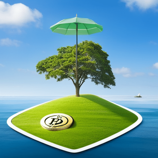 An image depicting a serene tropical island with a ledger, a Bitcoin symbol, and a shield subtly integrated into the landscape, symbolizing security and financial privacy