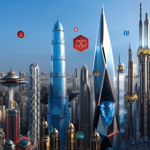 An image depicting a vibrant, futuristic cityscape with towering skyscrapers adorned with logos of the leading cryptocurrencies, showcasing their dominance in the market