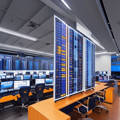 An image showcasing a bustling trading floor, adorned with state-of-the-art technology, where Indian traders engage in cryptocurrency transactions with trusted brokers