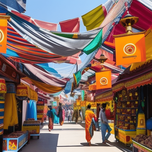 An image showcasing the vibrant Indian marketplace, featuring a bustling street with colorful stalls adorned with Bitcoin logos