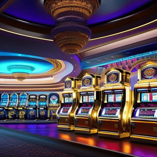An image showcasing a futuristic casino atmosphere, with sleek, state-of-the-art bitcoin slot machines attracting players, while security features like biometric scanners and surveillance cameras ensure a safe and rewarding gambling experience in 2023